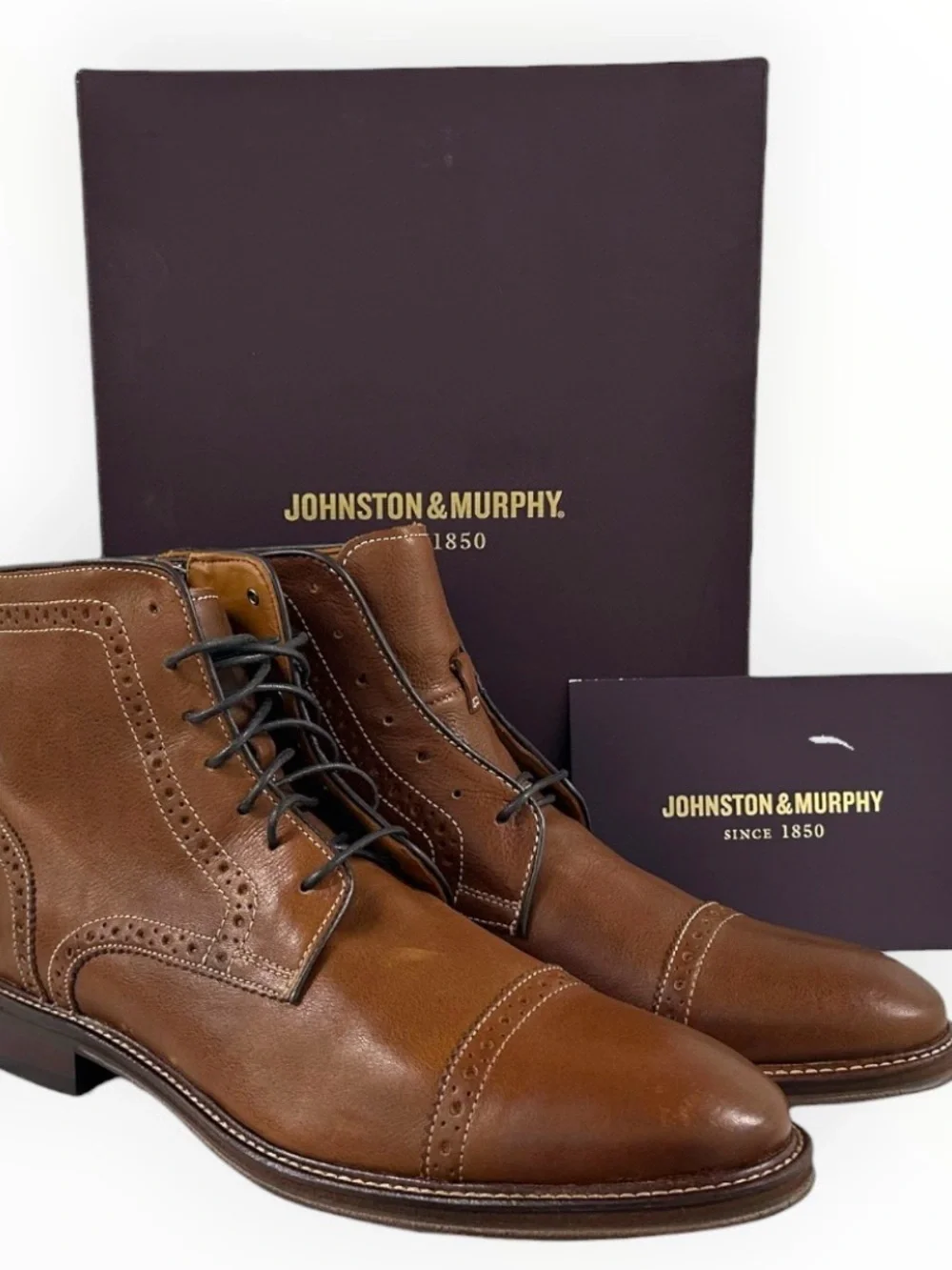 Johnston & Murphy Warner Cap Toe Zip Boots 10M Dark Tan Full Grain Leather NIB
